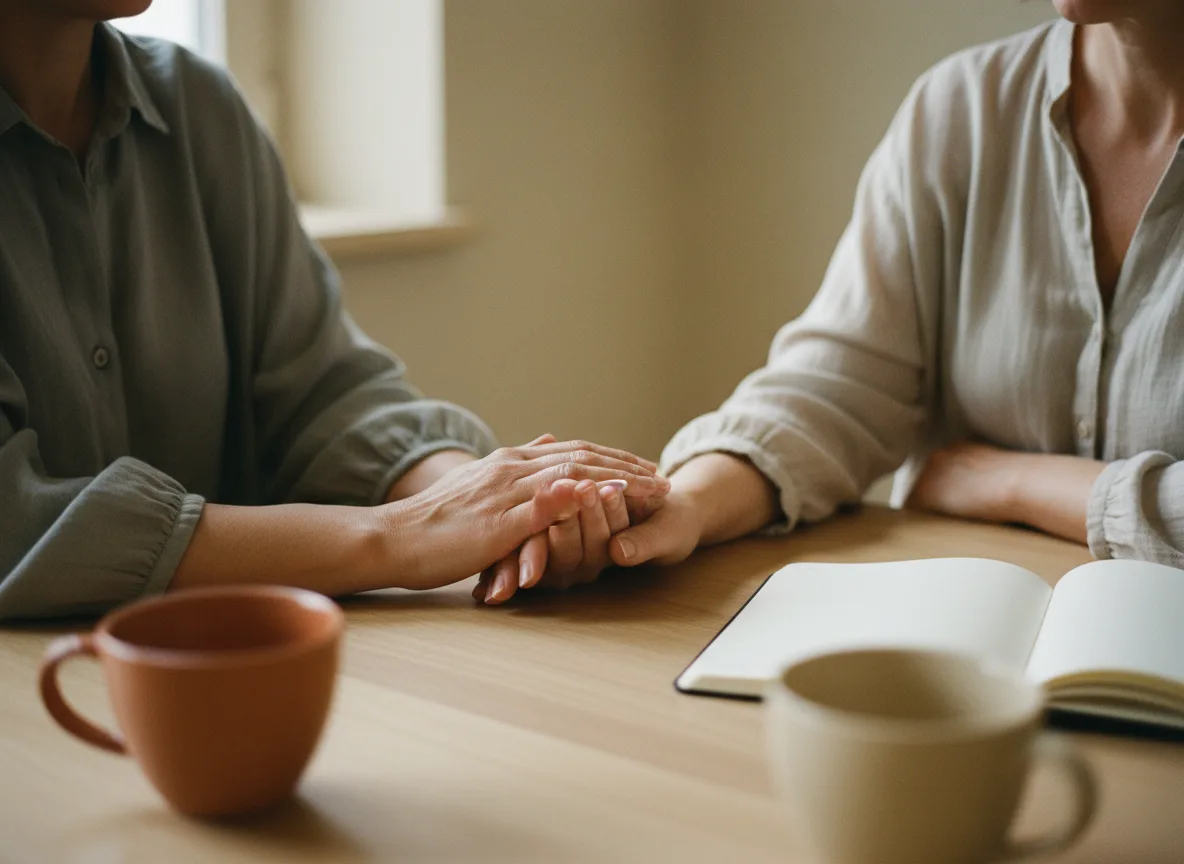 Un geste de soutien et d'écoute entre un parent et une professionnelle lors d'une séance de guidance parentale