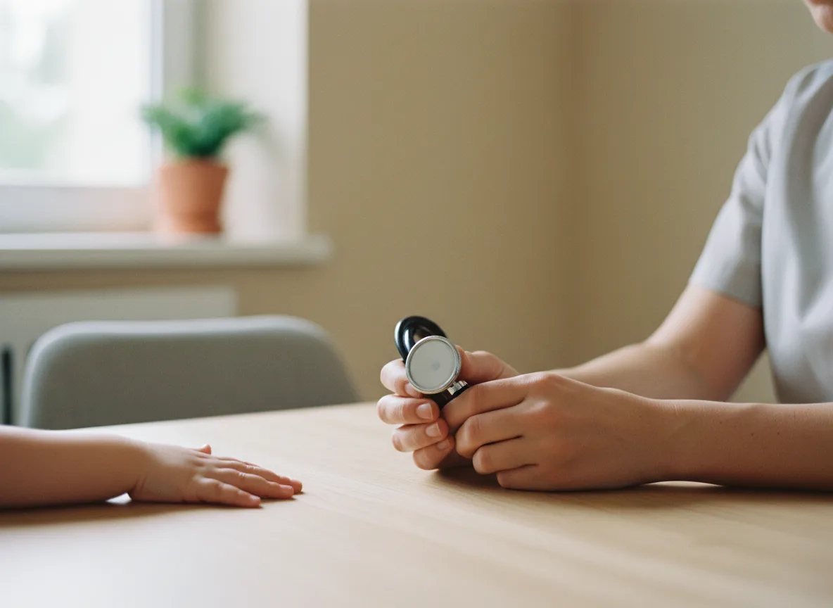 Consultation de médecine générale au centre Novadev : une médecin avec son stéthoscope auprès d'un enfant